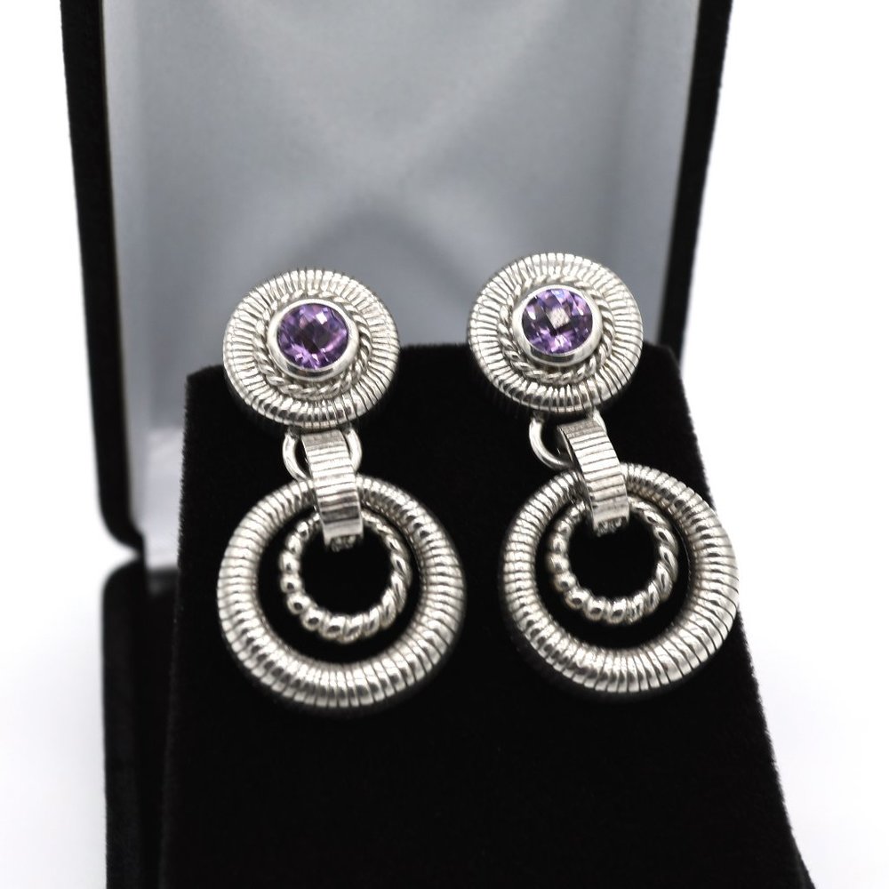 Judith Ripka Dangling Purple Gemstone Dual Hoop Sterling Silver Earrings